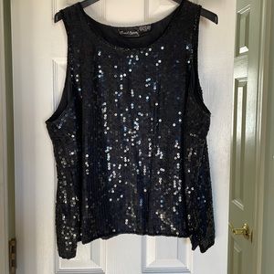 2x black sequined sleeveless top by Jewel Queen. Ready for holiday parties.
